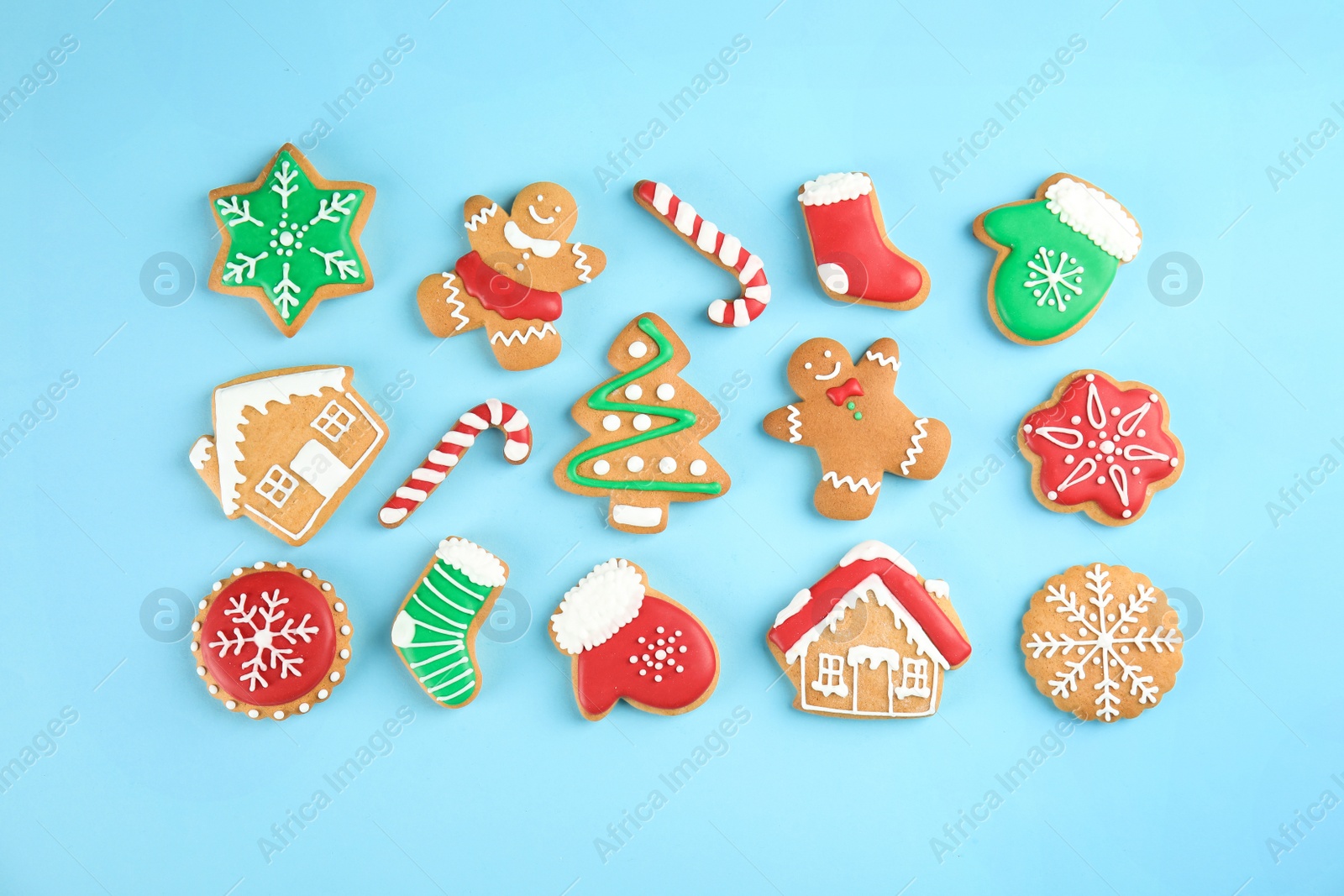 Photo of Tasty homemade Christmas cookies on color background, top view