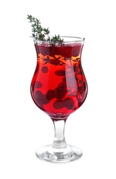 Photo of Delicious Christmas liqueur in glass on white background