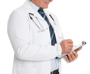 Senior doctor with clipboard on white background, closeup