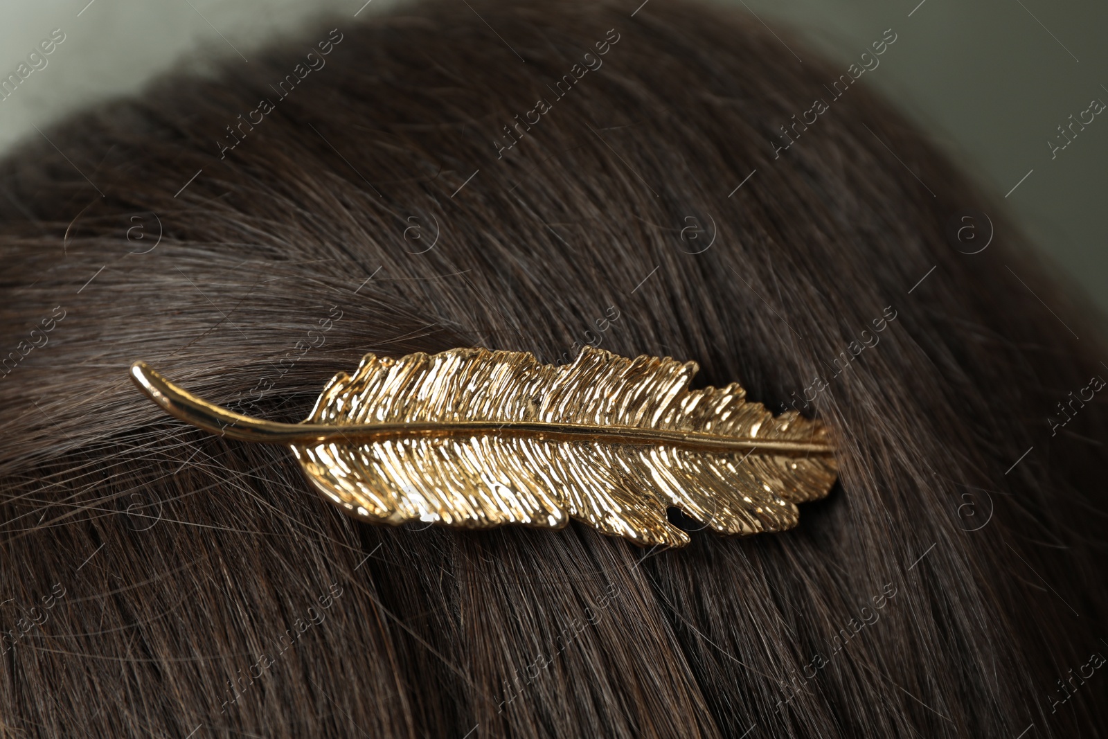 Photo of Woman with beautiful gold hair clip, closeup