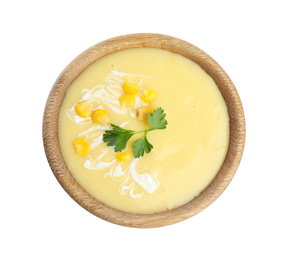 Photo of Delicious corn cream soup isolated on white, top view