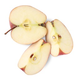 Photo of Pieces of ripe red apple isolated on white, top view