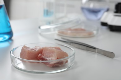 Photo of Petri dish with pieces of raw cultured meat on white table in laboratory, space for text