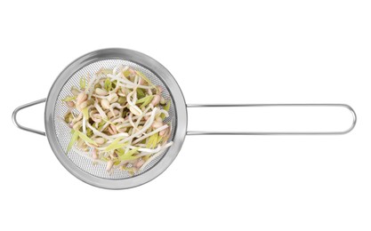 Photo of Mung bean sprouts in strainer isolated on white, top view