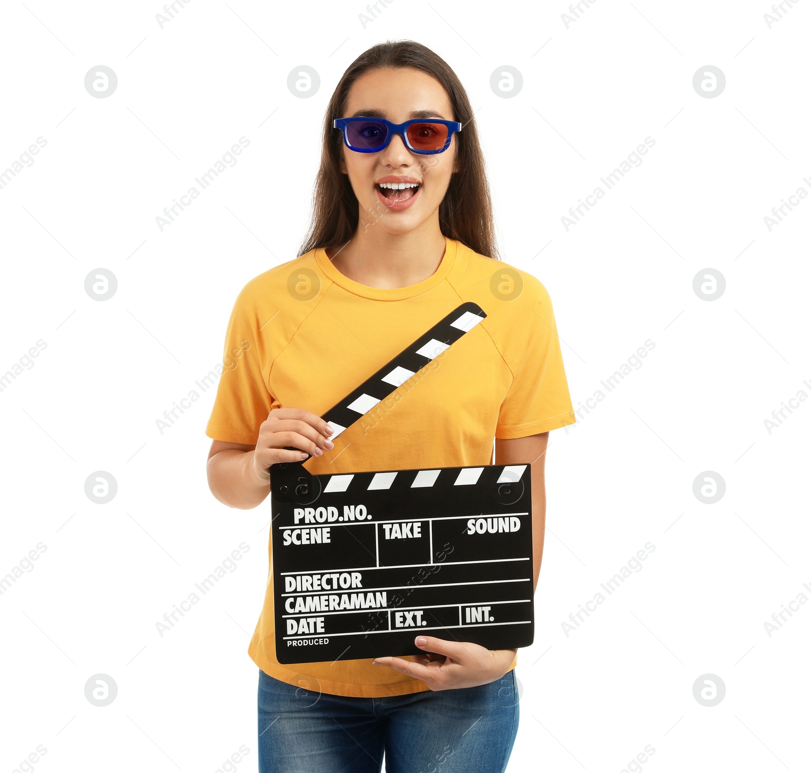 Photo of Woman with 3D glasses and clapperboard on white background. Cinema show