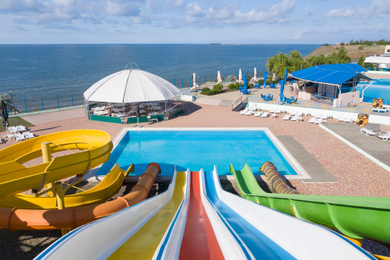 Image of View of colorful slides in water park