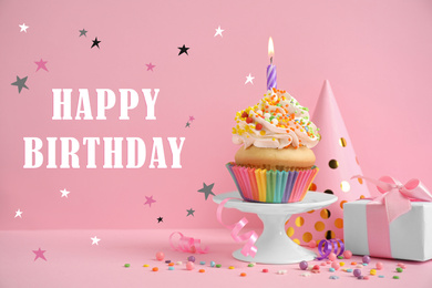 Image of Text Happy Birthday, party items and delicious cupcake with candle on pink background