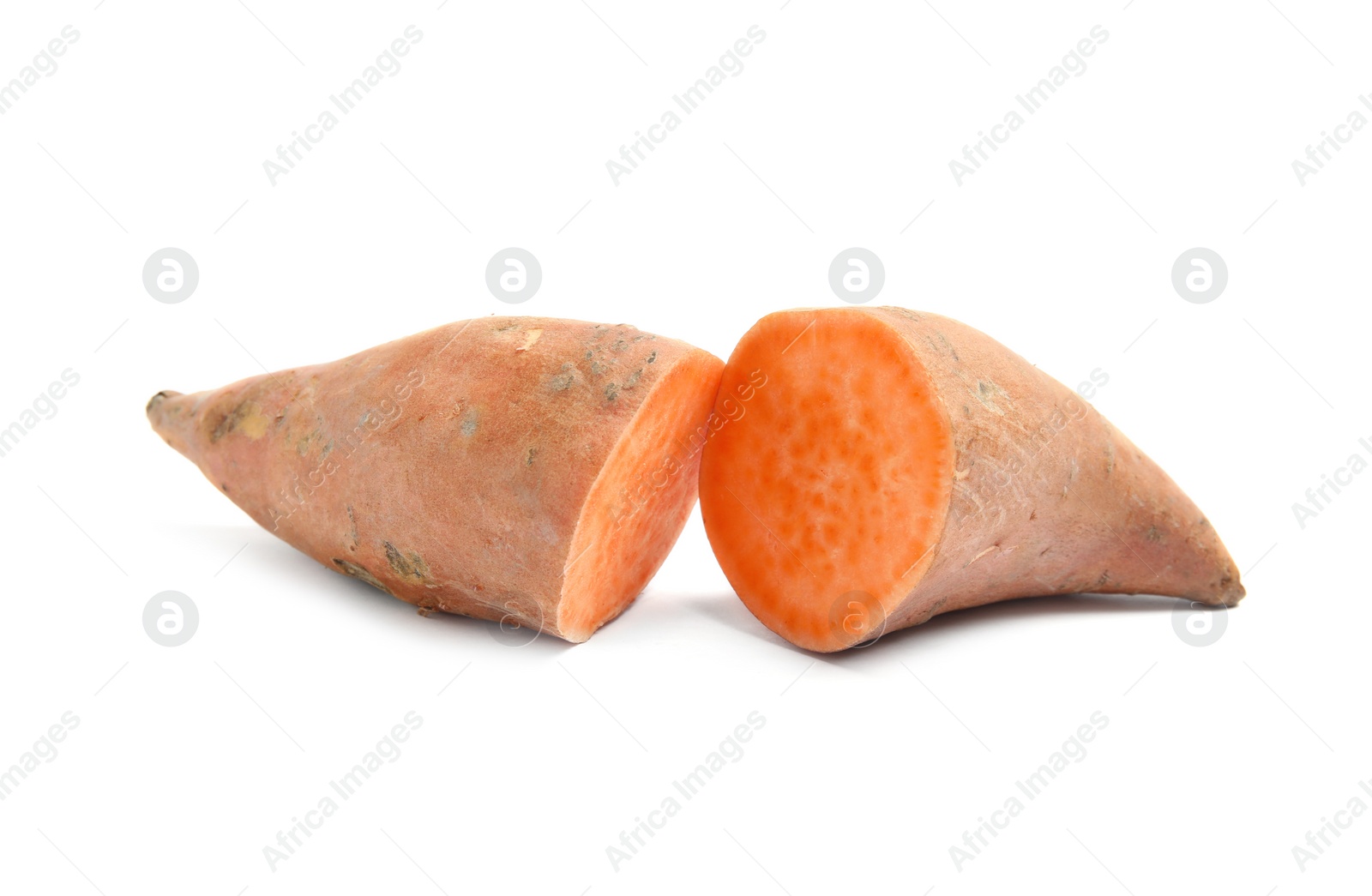 Photo of Cut ripe sweet potato on white background