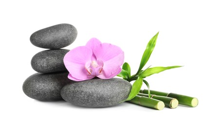Spa stones, beautiful orchid flower and bamboo stems on white background