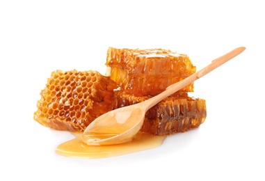 Composition with fresh honeycombs on white background