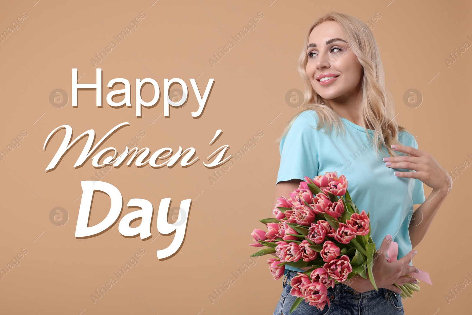 Image of Happy Women's Day - March 8. Attractive lady with bouquet of tulips on dark beige background