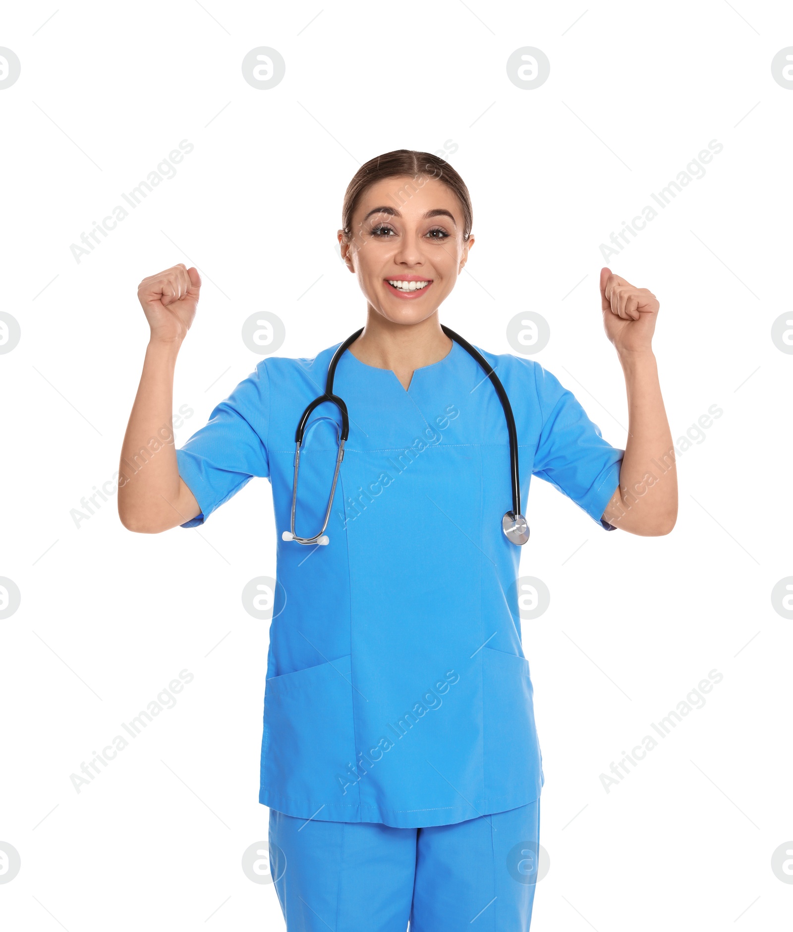 Photo of Portrait of emotional medical doctor with stethoscope isolated on white