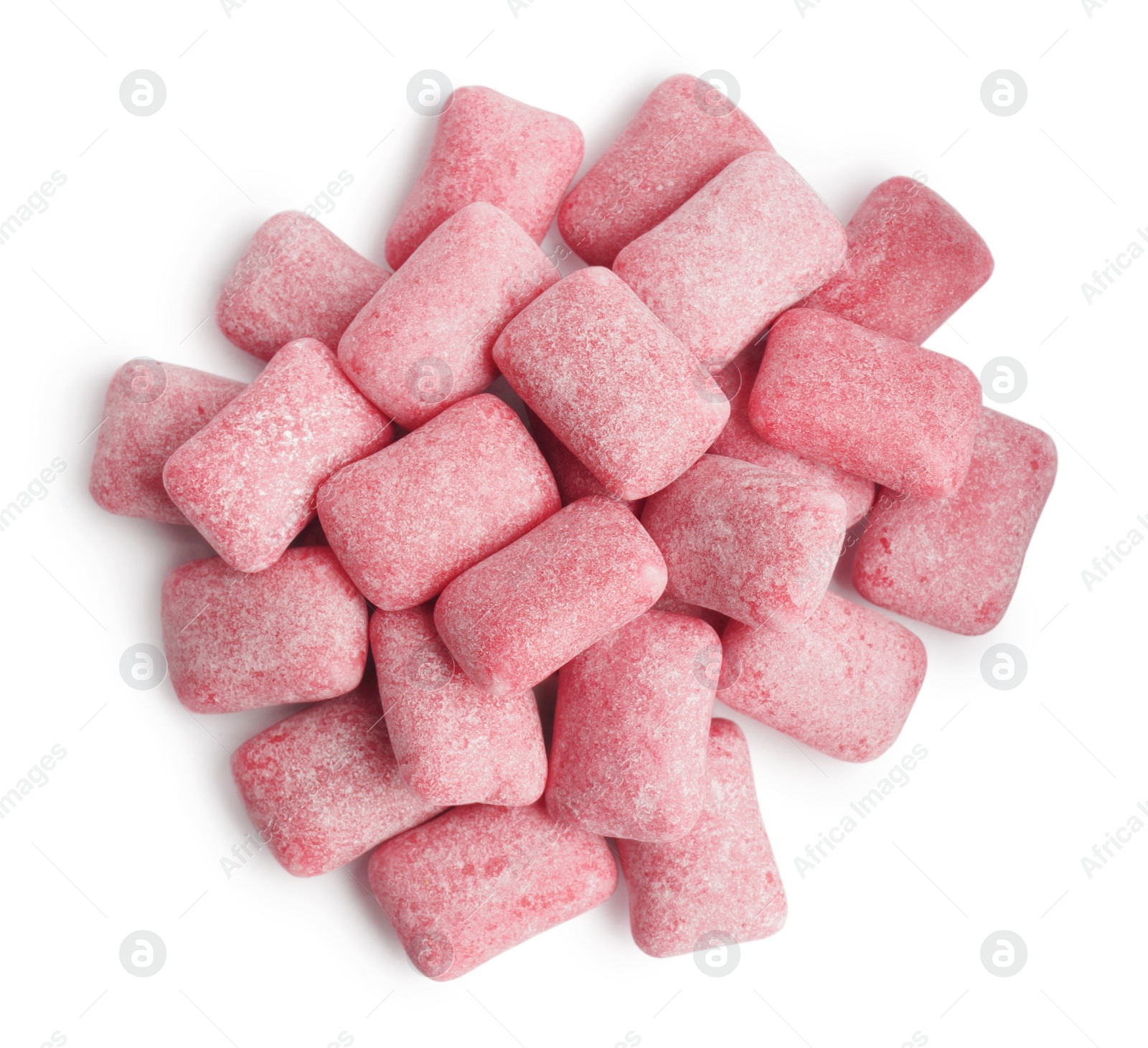 Photo of Heap of tasty sweet chewing gums on white background, top view