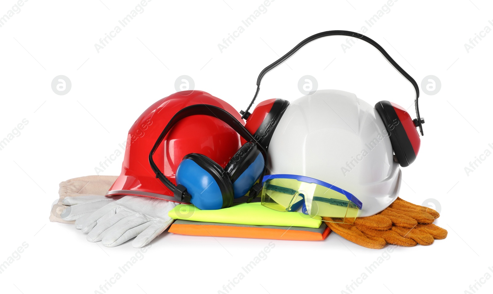 Photo of Different personal protective equipment on white background