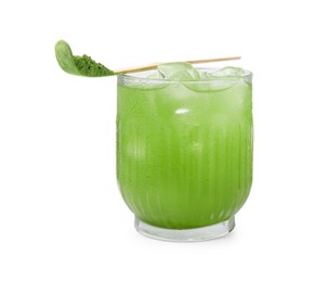 Photo of Glass of delicious iced green matcha tea and bamboo spoon with powder isolated on white