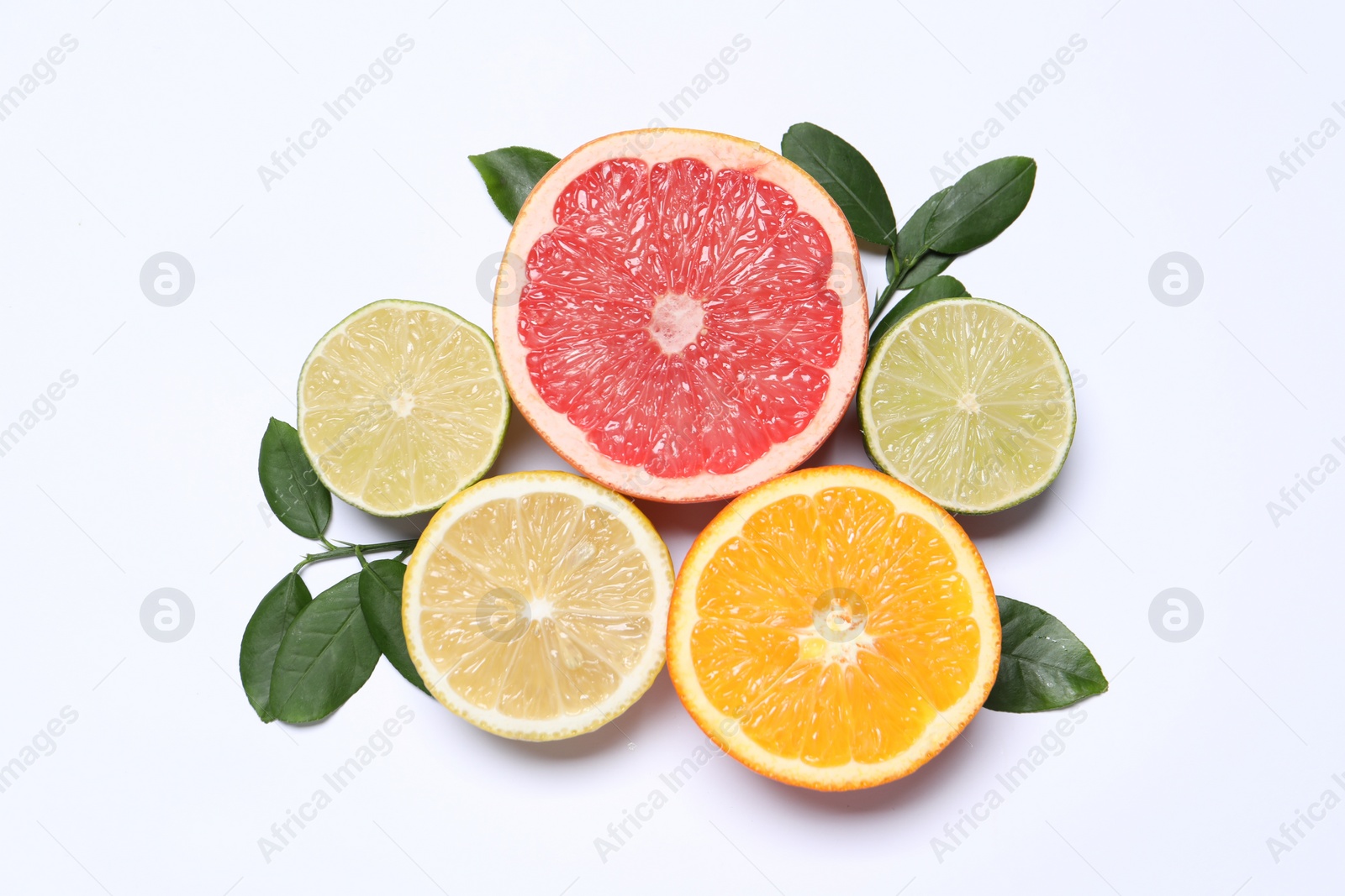 Photo of Different cut citrus fruits and leaves on white table, flat lay