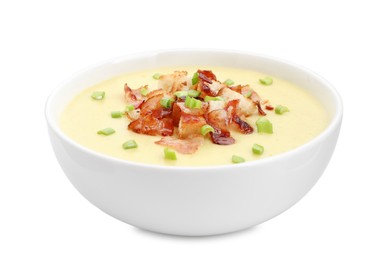 Tasty potato soup with bacon, croutons and green onion in bowl isolated on white