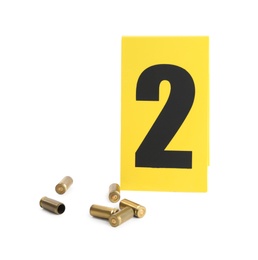 Photo of Shell casings and crime scene marker with number two isolated on white