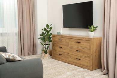 Photo of Cozy room interior with chest of drawers, TV set, sofa and decor elements