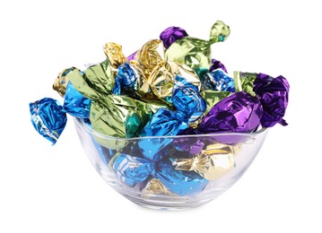 Photo of Bowl with candies in colorful wrappers isolated on white