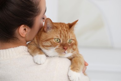 Photo of Woman with cute cat at home, back view. Space for text