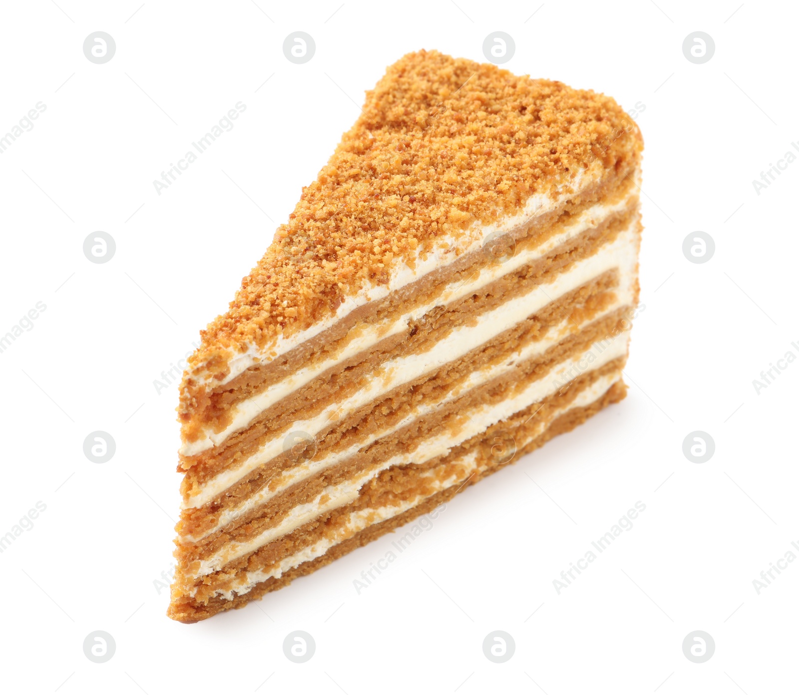 Photo of Slice of delicious honey cake isolated on white