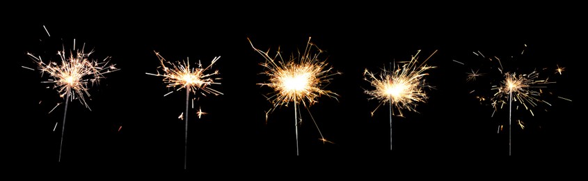 Image of Collage with bright burning sparklers on black background, banner design