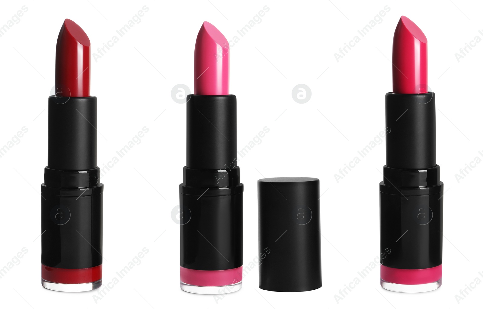 Image of Set with different beautiful lipsticks on white background