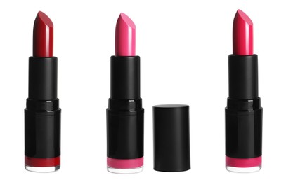 Set with different beautiful lipsticks on white background