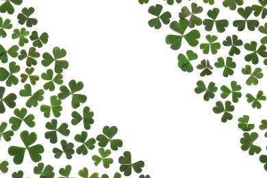 Photo of Green clover leaves on white background, flat lay