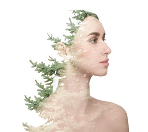Image of Double exposure of beautiful woman and trees on white background