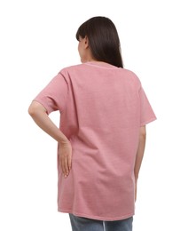 Woman in stylish pink t-shirt on white background, back view