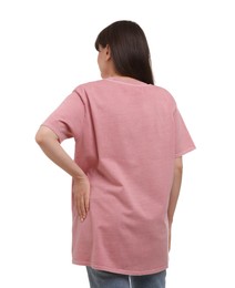 Photo of Woman in stylish pink t-shirt on white background, back view