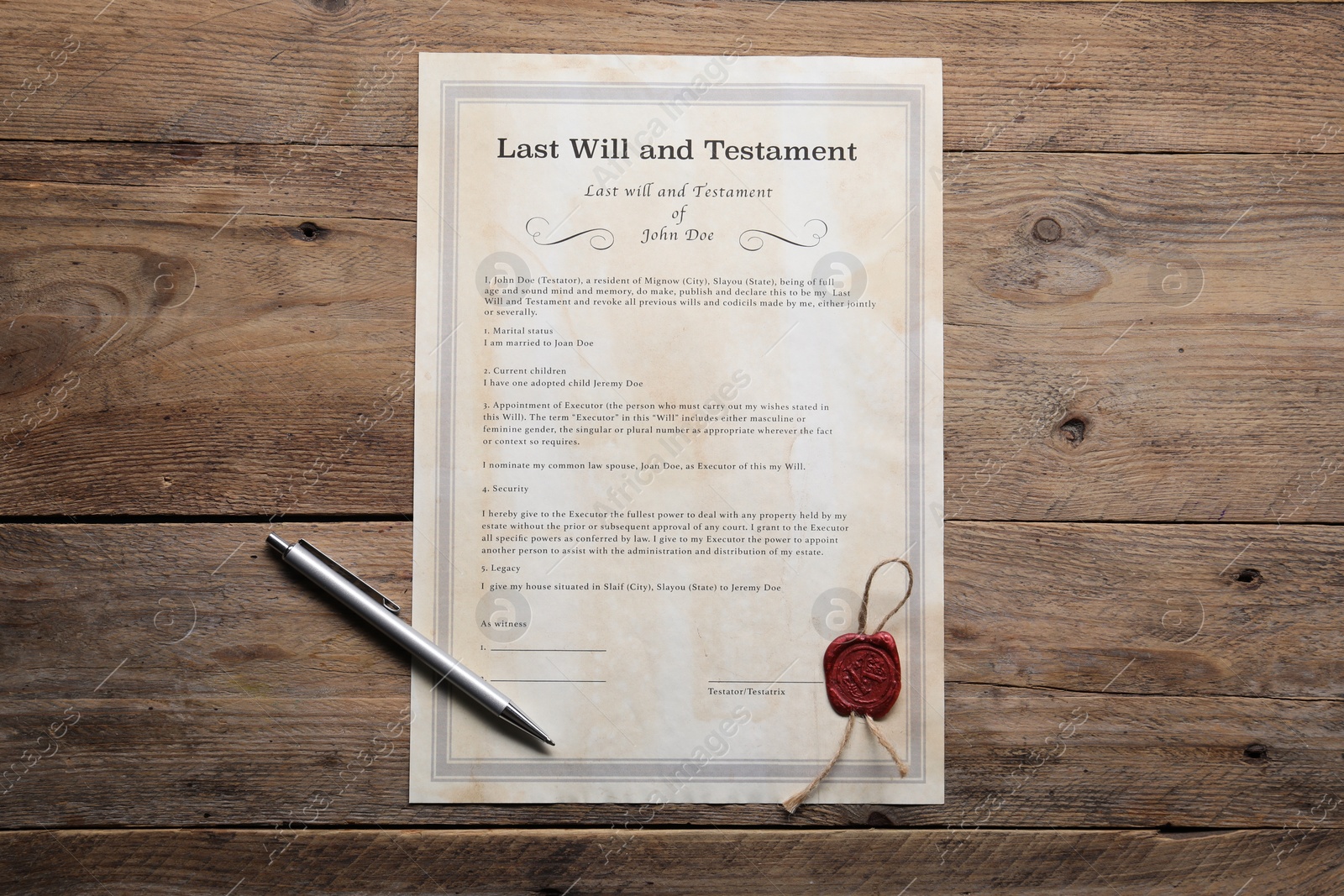 Photo of Last Will and Testament with pen on wooden table, top view