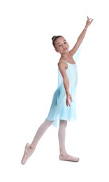 Photo of Beautifully dressed little ballerina dancing on white background