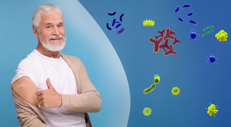 Image of Man with strong immunity due to vaccination surrounded by viruses on blue background, banner design