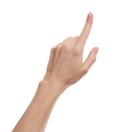 Woman pointing at something on white background, closeup of hand