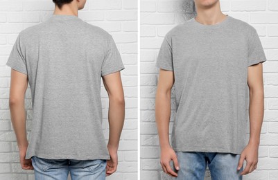 Man wearing grey t-shirt near white brick wall, back and front view. Mockup for design