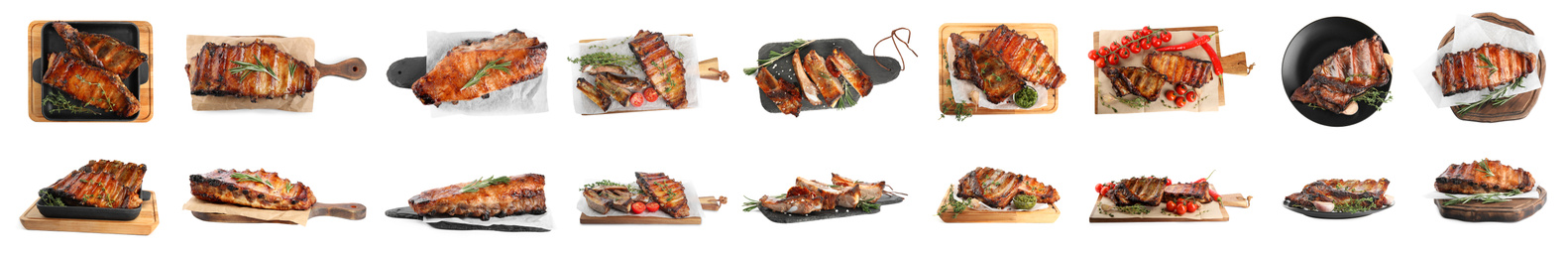 Image of Set of delicious roasted ribs on white background. Banner design 