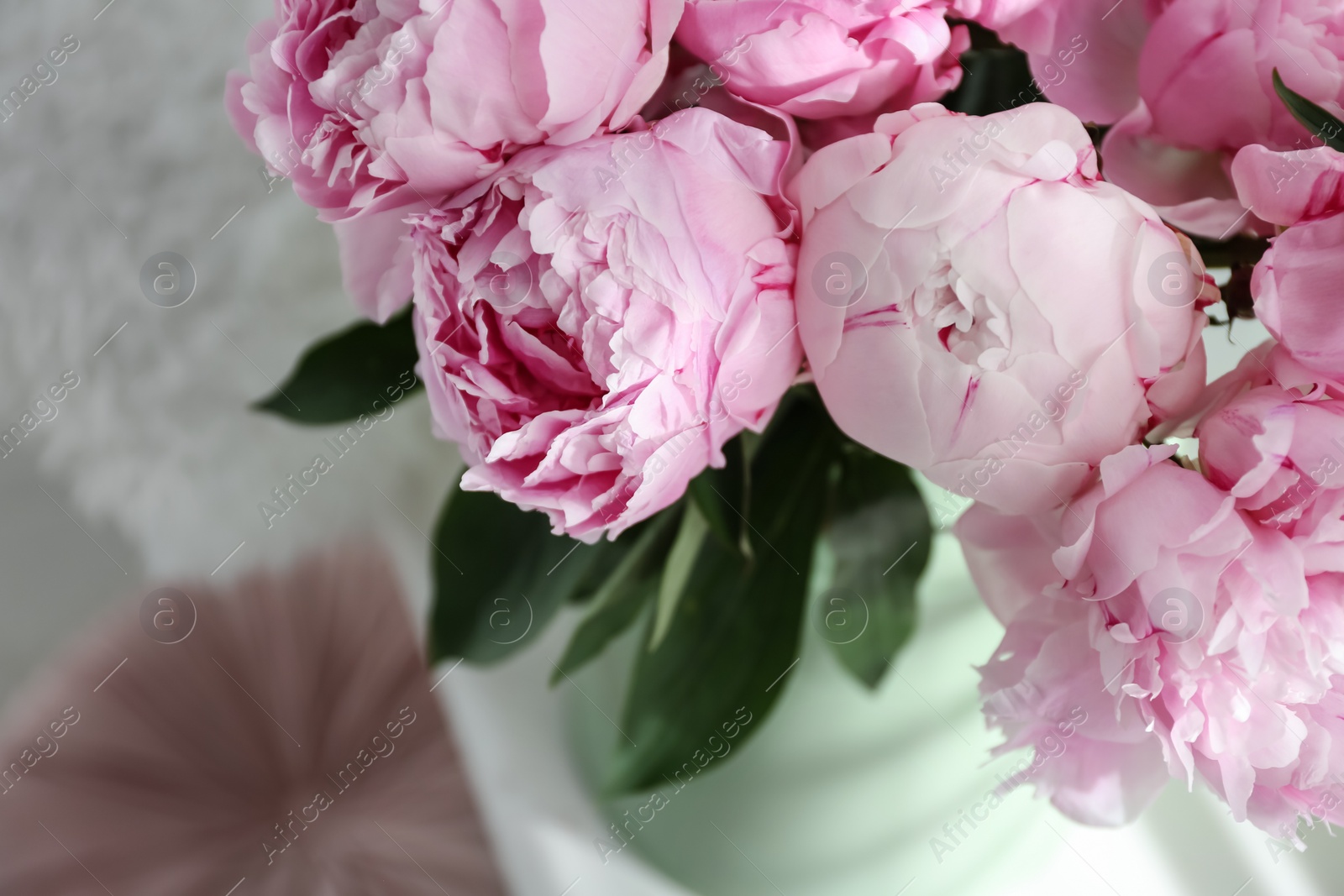 Photo of Bouquet of beautiful pink peonies indoors, closeup