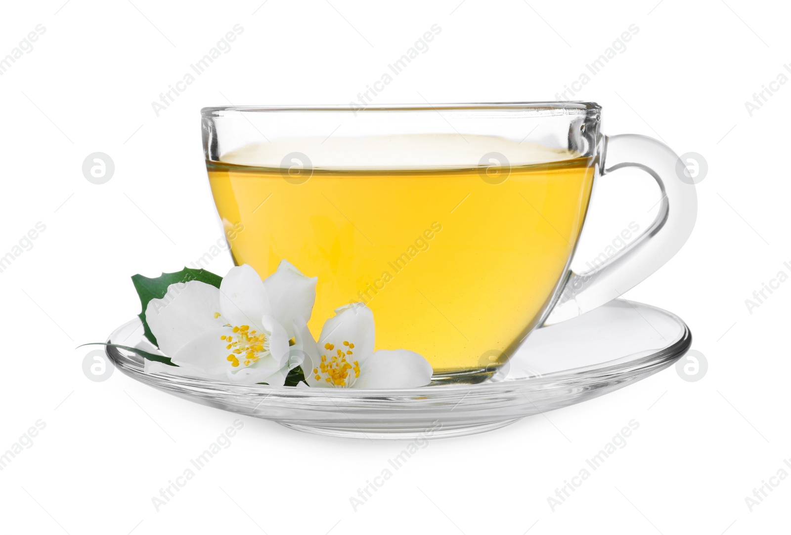 Photo of Cup of tea and fresh jasmine flowers isolated on white