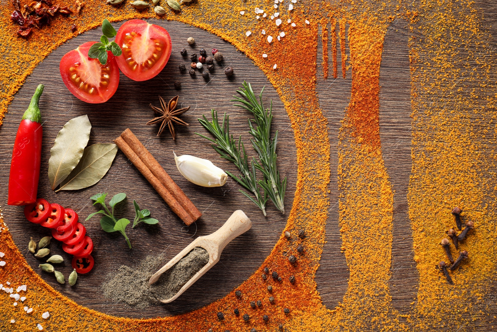 Photo of Silhouettes of plate with cutlery made with spices and different ingredients on wooden table, flat lay