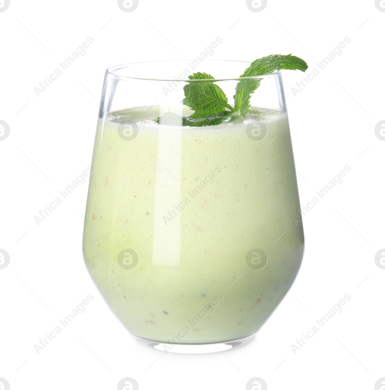 Photo of Tasty milk shake with mint isolated on white