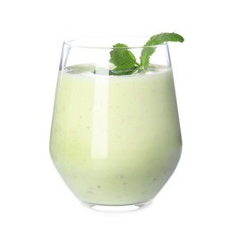 Photo of Tasty milk shake with mint isolated on white