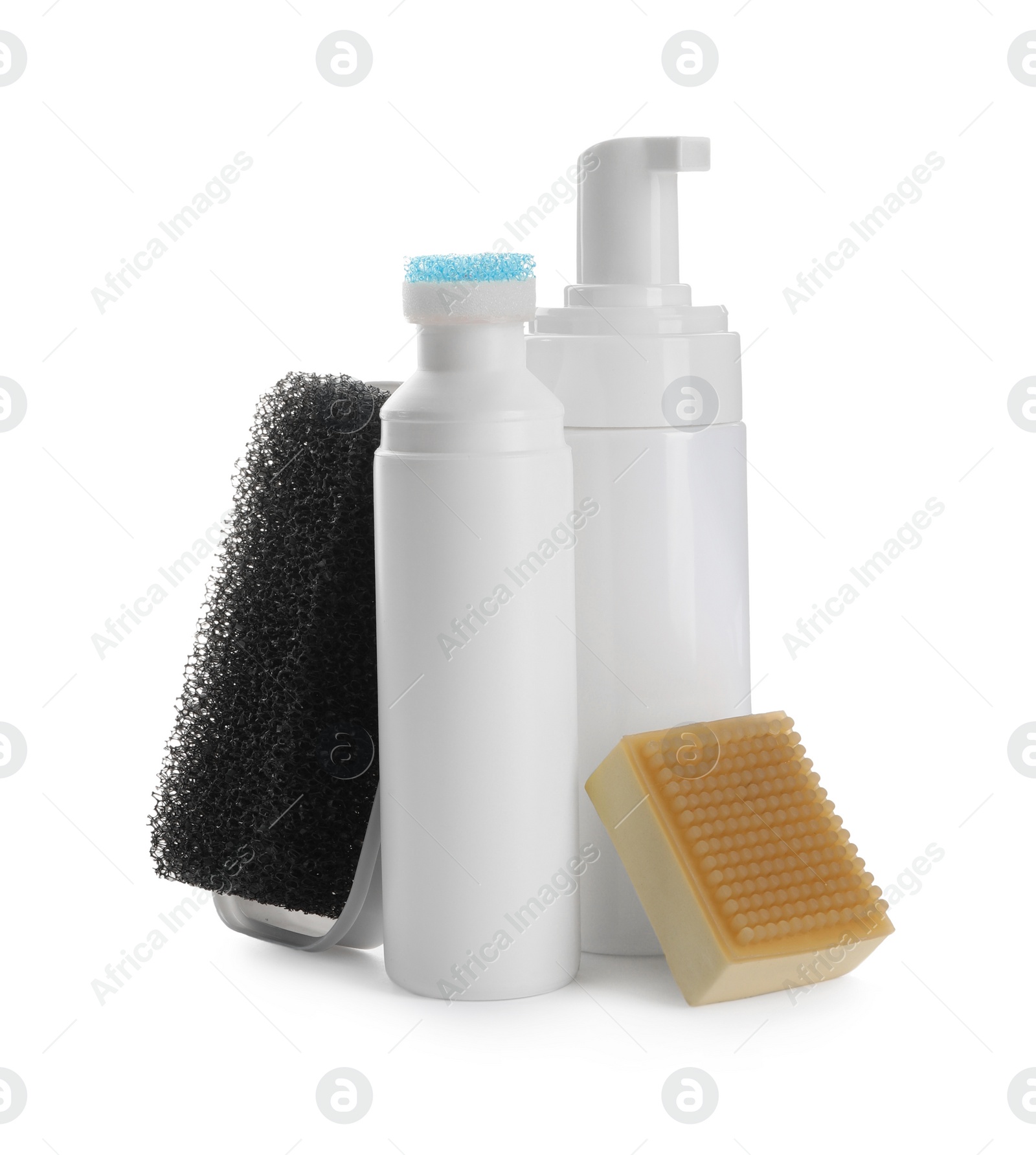 Photo of Set of shoe care products on white background