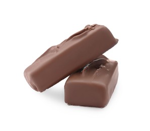 Two tasty chocolate bars on white background