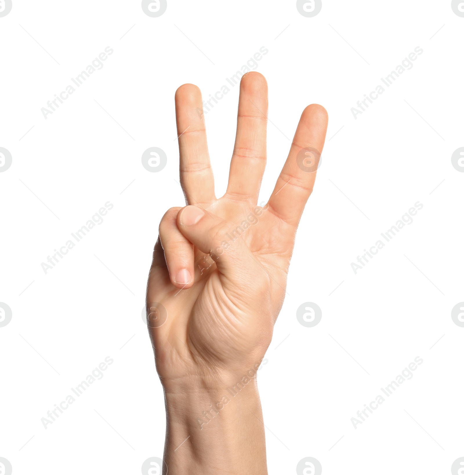 Photo of Man showing W letter on white background, closeup. Sign language