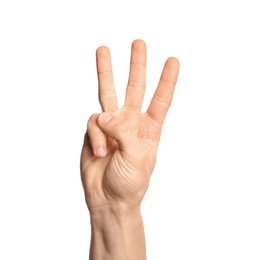 Man showing W letter on white background, closeup. Sign language