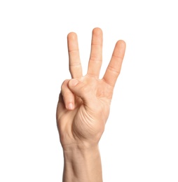 Photo of Man showing W letter on white background, closeup. Sign language