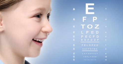 Image of Vision test. Cute little girl and eye chart on blue background, banner design